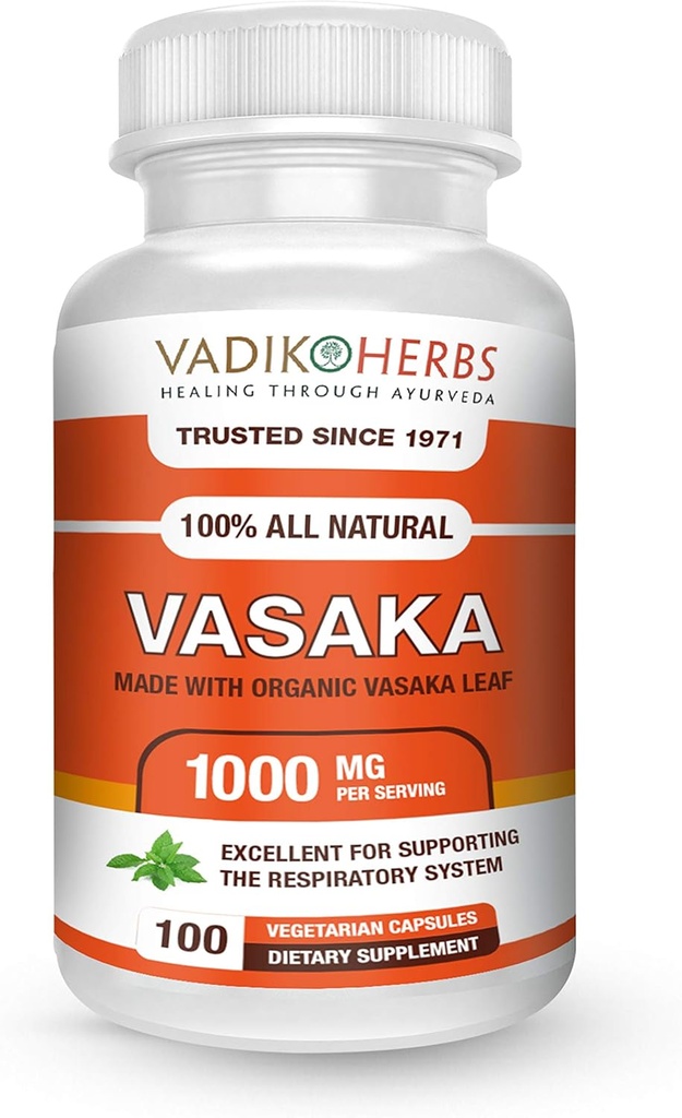 Vasaka (Justicia adhatoda) Certifié Vadik Herbes en poudre 100 vegicaps Fabriqués aux États-Unis Testé de sécurité