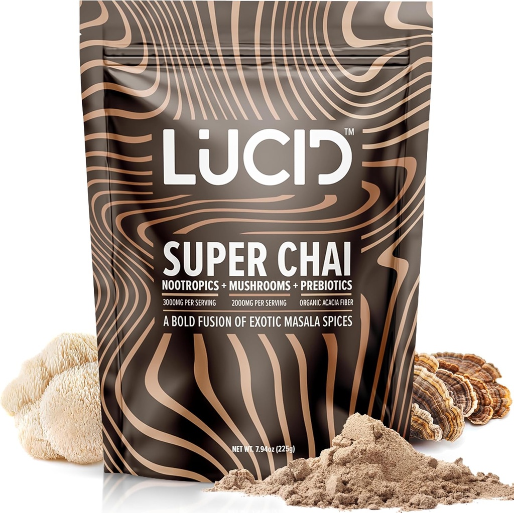 Chai de Champignon Bio Lucid avec Nootropics - Lion's Mane, Tremella, Cordyceps & Turkey Tail - Instant Mushroom Chai Focus Cerveau Santé - Alpha GPC, L-Theanine, Ginko Biloba - USA Made
