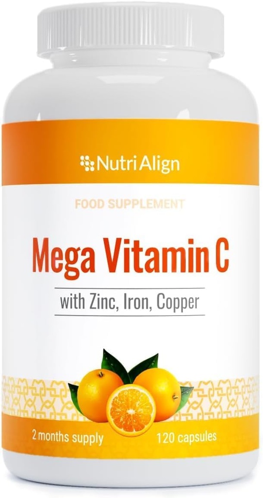 Nutri-Align Mega Vitamine C. 120 Vitamine C haute résistance Capsules de 1000mg - Vitamine C et zinc, supplément de fer et de cuivre.