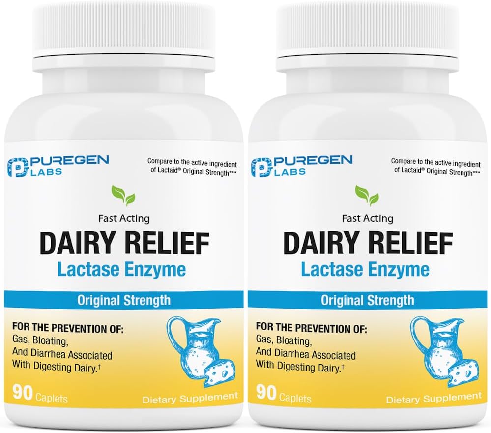 Puregen Labs Dairy Relief Natural Fast Acting Lactase Enzyme 3000 FCC, Lactose Intolerance Pills | 2 Pack - 180 Caplets Total