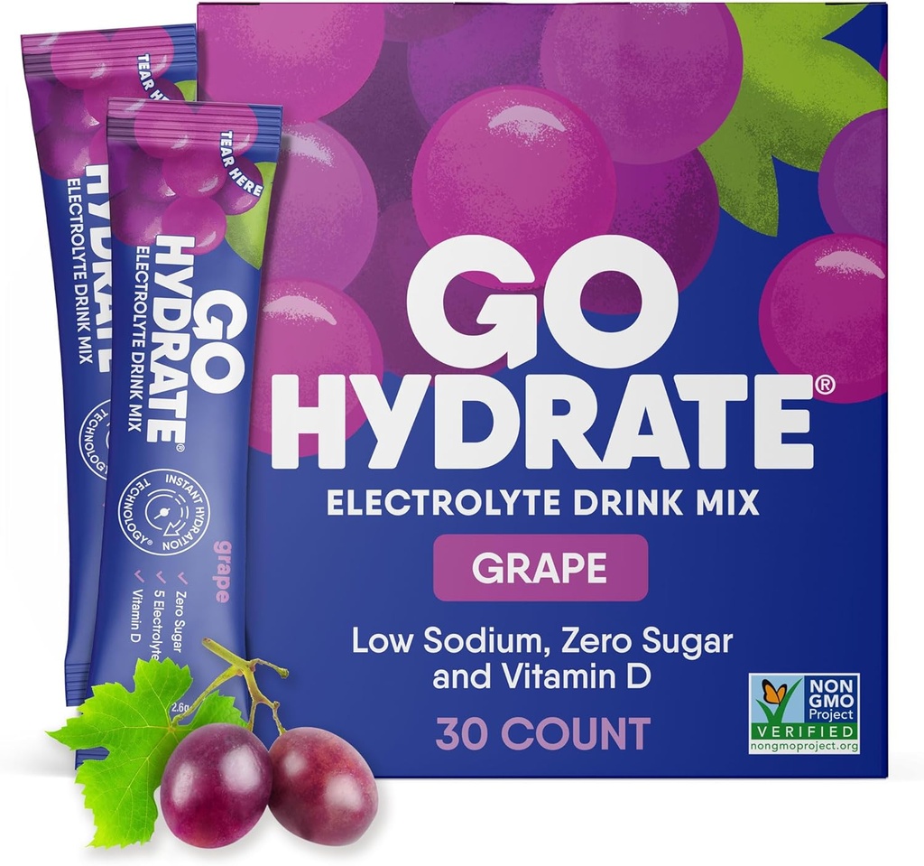 GoHydrate Powder Packets d'hydratation instantanée - faible teneur en sodium électrolytes boisson mélange - Natural Hydratation Support, sans sucre électrolyte boisson en poudre aromatisée avec vitamine D, 30 paquets, raisin