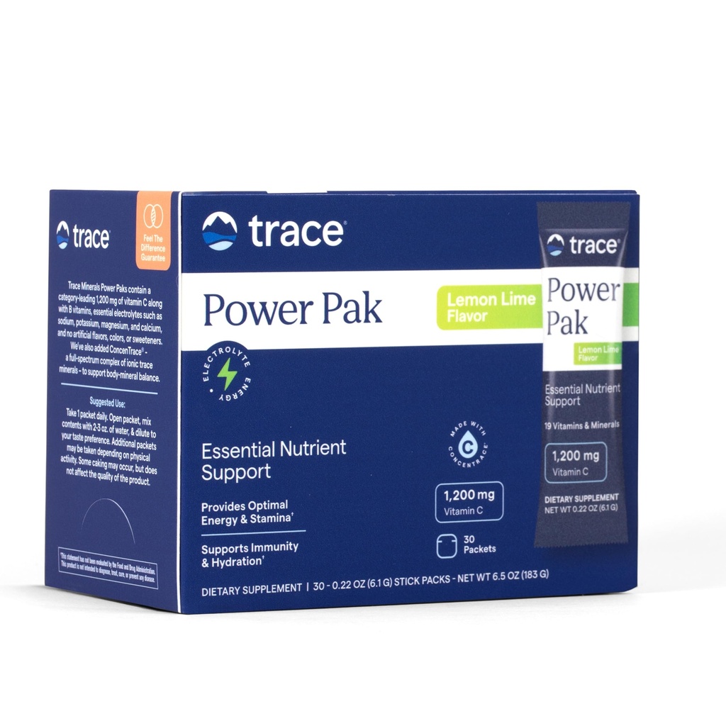 Trace Minerals Power Pak Multivitamin and Multimineral Packets - Soutien électrolyte - 1200 mg Vitamine C plus 70+ Trace Minerals - Lime citron - 30 Packets