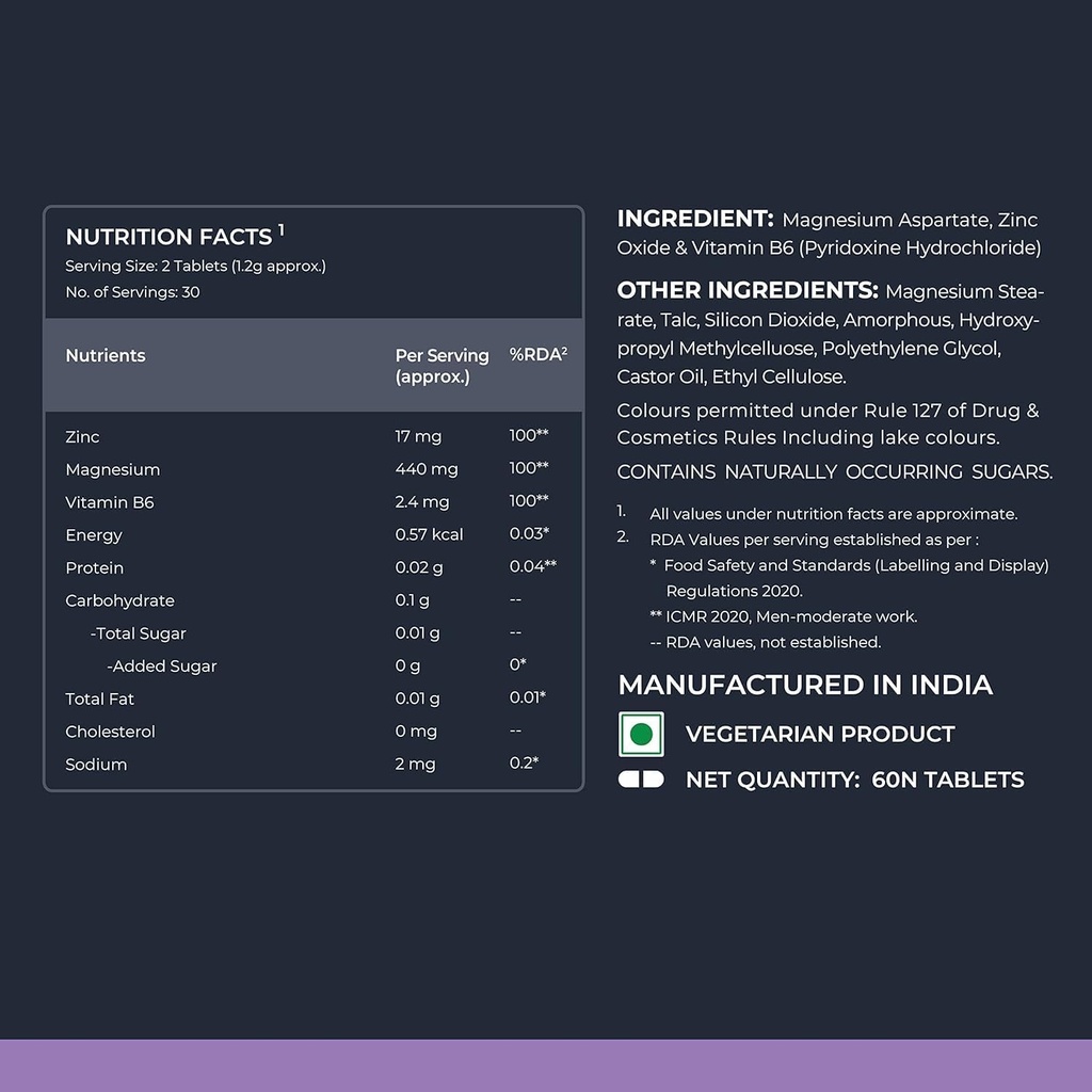 Magnésium avec 100% RDA de zinc, d'aspartate de magnésium et de vitamine B6 - pour la force musculaire, supplément pour les hommes et les femmes - 60 comprimés de Veg