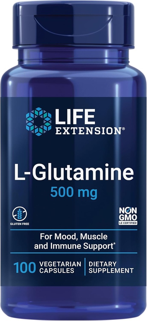 Extension de la durée de vie L-glutamine, 500 mg L-glutamine, Amino Acid, soutient la santé musculaire et immunitaire, sans gluten, sans OGM, 100 capsules végétariennes