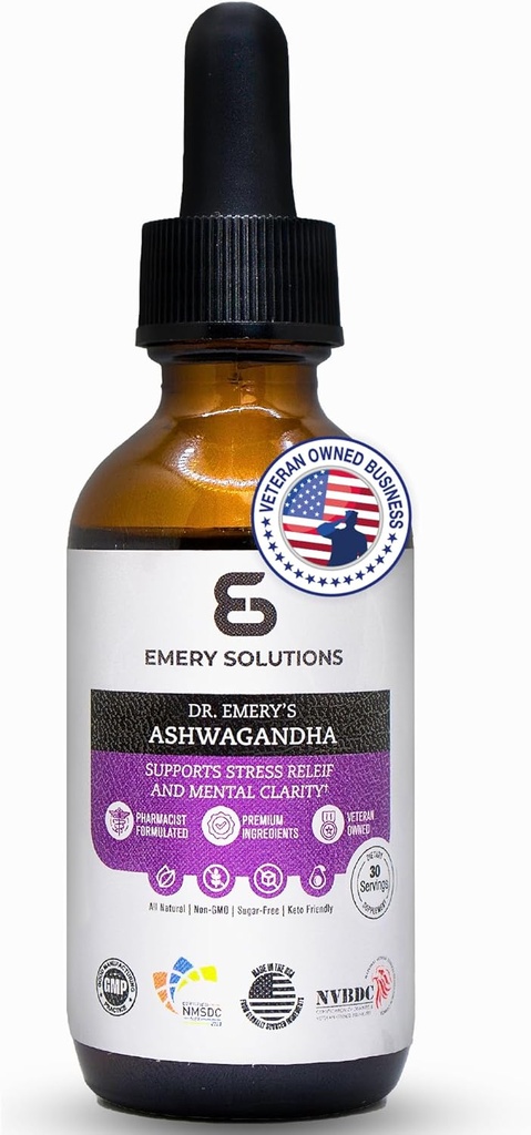 Dr. Emery's Ashwagandha Liquid Drops Organic Extract Supplément pour la relaxation, la clarté mentale, le calme naturel et l'humeur, végétalien, fabriqué aux États-Unis, 30 jours d'approvisionnement