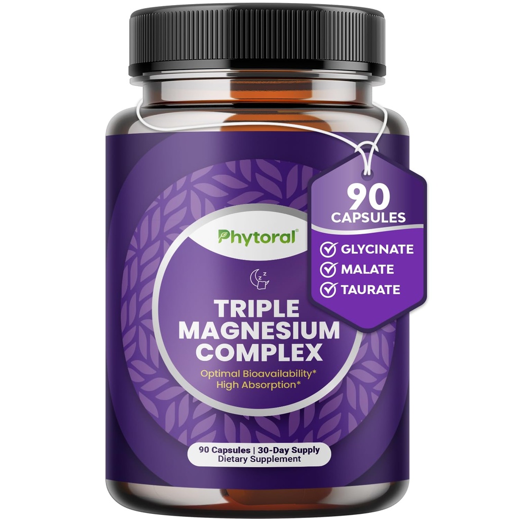Capsules complexes de magnésium hautement potent - Triple mélange de magnésium avec du glycinate de taurat et du malate - 400mg Supplément soutient la relaxation et le bien-être général Non-OGM Vegan 90 Capsules