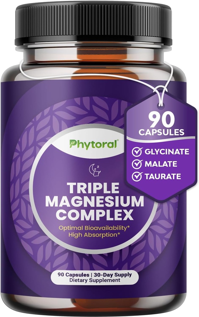Capsules complexes de magnésium hautement potent - Triple mélange de magnésium avec du glycinate de taurat et du malate - 400mg Supplément soutient la relaxation et le bien-être général Non-OGM Vegan 90 Capsules