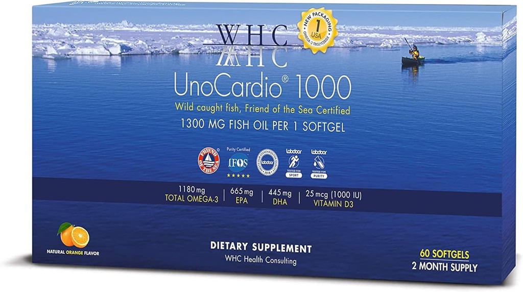 WHC, UnoCardio 1000 Huile de poisson, 1300 mg d'huile de poisson de triglycéride pure avec Oméga-3 (1180 mg), 665 mg EPA et 445 mg DHA et 25 mcg (1000 UI) Vitamine D3 par softgel, Orange naturel, 60 softgels