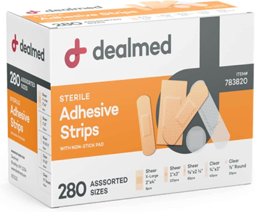 Gamme de variétés assorties Bandes adhésives flexibles Bandes de bandes de bandes stériles avec Pad non incrusté, sans latex, soin de la plaie pour trousse de premiers soins (280 bandes)