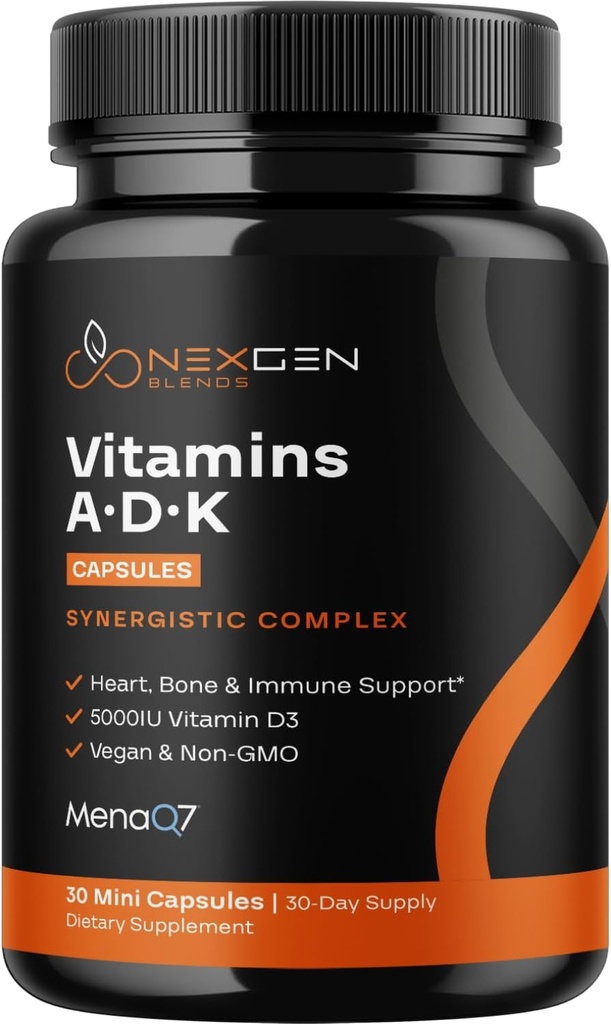 Supplément de vitamine ADK haute absorption - Vitamine Végétale D3 K2 MK7 & A pour la régulation du calcium Plus Thyroïde de coeur ossé et soutien immunitaire - Vitamine ADK avec 5000IU D3 Non OGM et sans gluten (1 mois)
