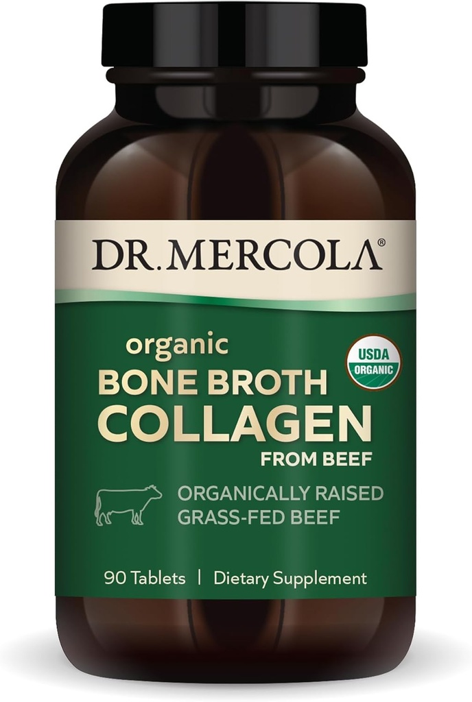 Dr. Mercola Organic Bone Broth Collagen, 30 portions (90 comprimés), Boeuf d'herbe élevé biologiquement, supplément alimentaire, soutient les os et le confort articulaire, USDA Organic, non-OGM