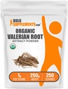 BulkSupplements.com Poudre d'extrait de valériane biologique - provenant de la racine valériane, supplément à base de plantes - sans gluten, 1g par portion, 250g (8,8 oz) (paquet de 1)