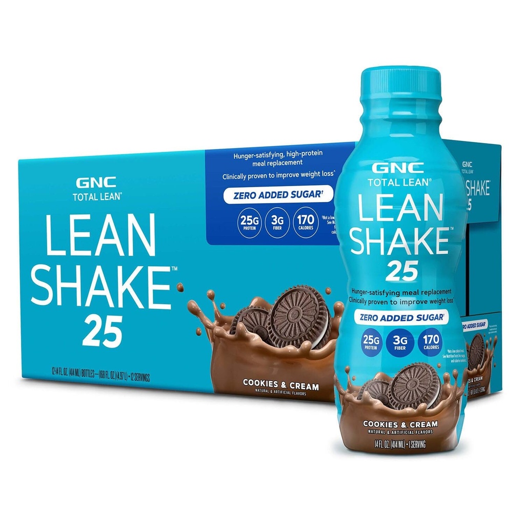 GNC Lean Shake 25 Protein Shake, Gestion cliniquement prouvée du poids, Remplacement des repas, 25g de protéines avec zéro sucre ajouté, prêt à boire, biscuits et crème, Paquet de 12
