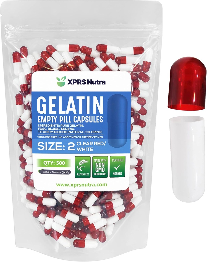 XPRS Nutra Taille 2 Capsules vides - 500 Compte Capsules de gélatine vides - Pills Bricolage Capsule Remplissage - Pure Pilule Gel Caps pour Do-It-Youlf Suppléments (Clear Red/White)
