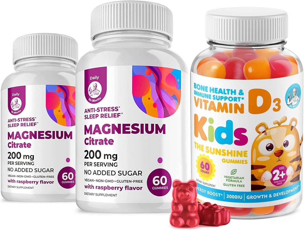 Gommies de vitamine D pour les enfants et les adultes 2000 UI et Gommies de magnésium - suppléments de vitamine D3 sains 1000IU - soutien immunitaire sans gélatine végétarienne avec des chews calm au magnésium sans sucre pour les enfants et les adultes