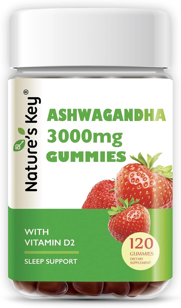 Extrait de racine d'Ashwagandha à haute puissance avec vitamine D2, pour les hommes et les femmes, stress, humeur calme et cognition, goût de fraise (120 comtes (paquet de 1)