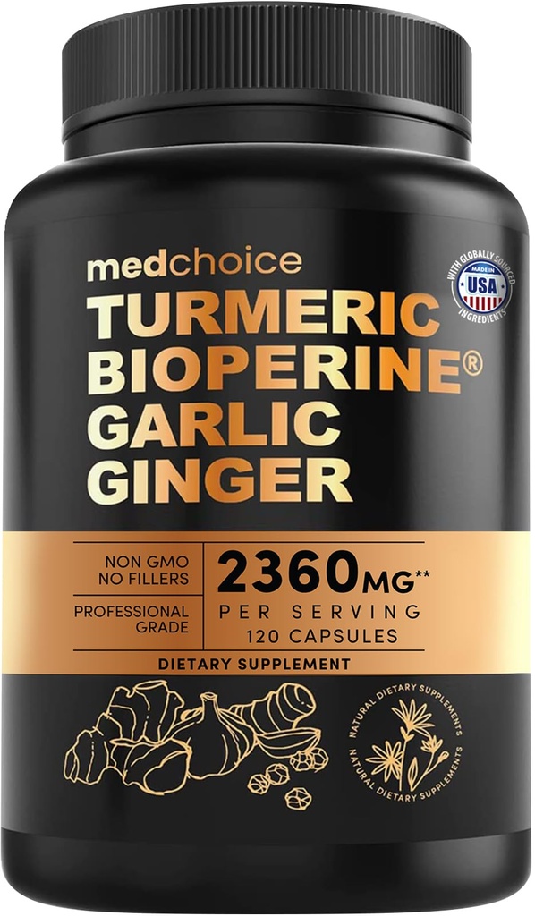 4-en-1 Suppléments à base de curcuma et d'ail avec BioPerine – 2360mg Capsules de racine de gingembre à base d'ail – Mélange à base de plantes à haute puissance (120 ct)