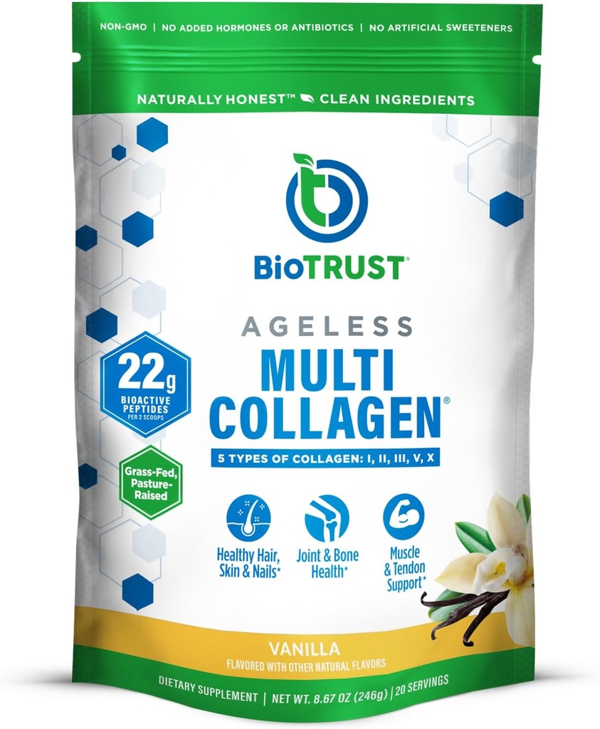 BioTrust Poudre sans âge de Peptides Multi Collagène – 5 types (I, II, III, V, X) – Poudre de Collagène Vanille pour les femmes et les hommes – Protéines hydrolysées – Boeuf herbeux, Poisson, Poulet, Membrane de coquille d'oeuf