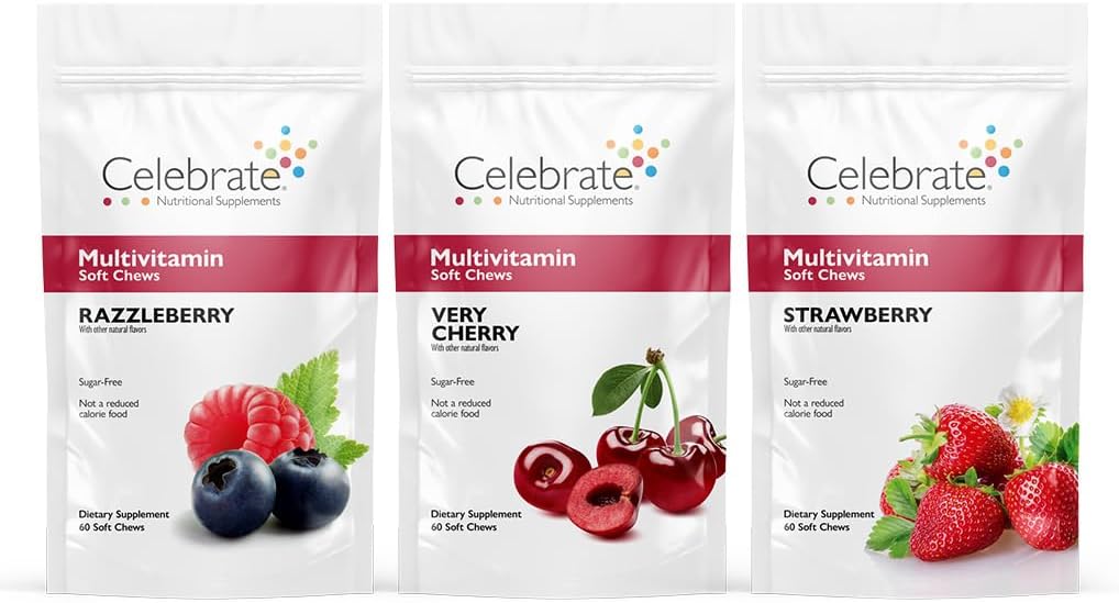 Célébrez les vitamines Bariatriques Multivitamines molles - Vitamines essentielles et minéraux, sans sucre et sans gluten - Supplément de gastrectomie gastrique - Berry/Strawberry/Cherry (180ct)