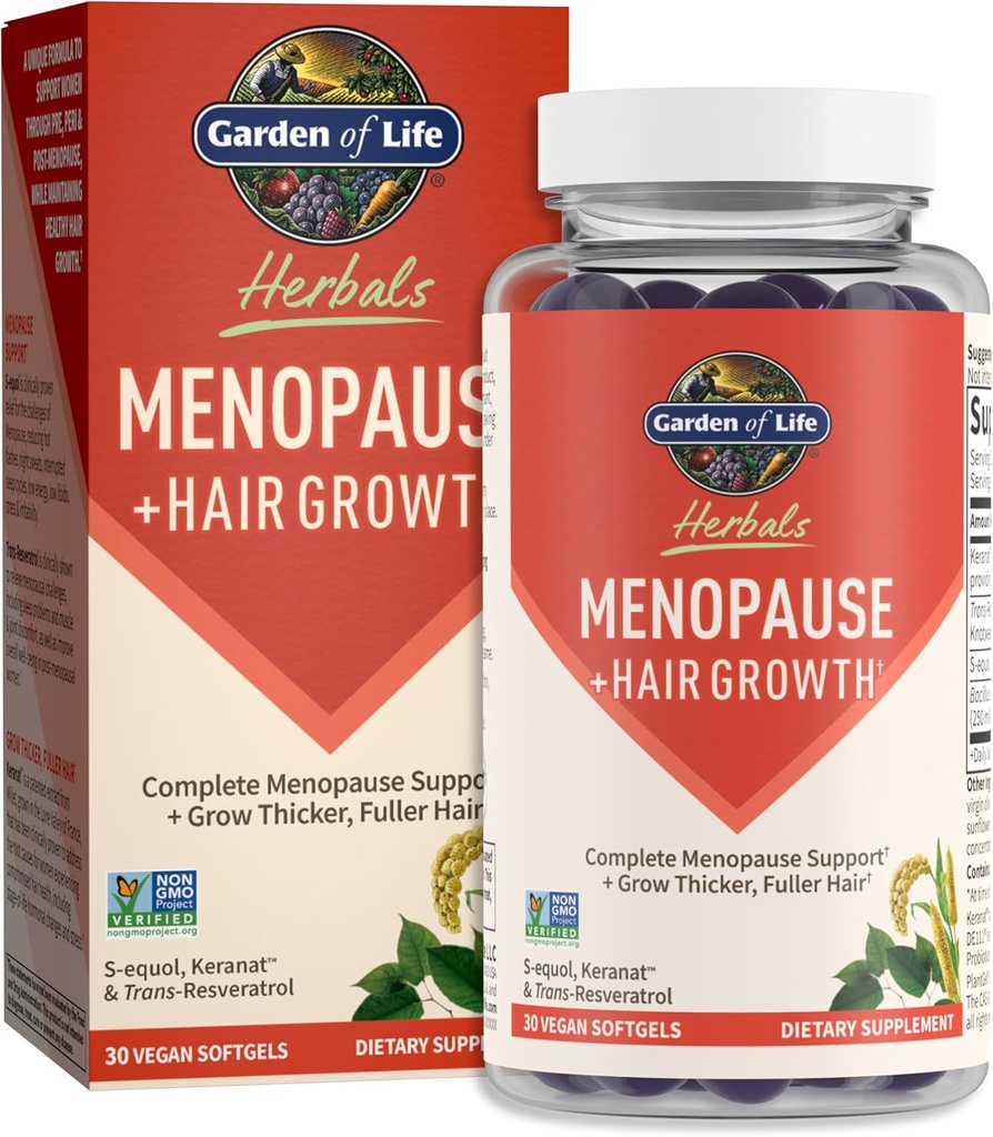 Garden of Life Herbals Ménopause Supplément avec S-equol & Trans-Resvératrol pour le soulagement multisymptômes, kéranat pour l'épaisseur, croissance des cheveux plus complète – Non-OGM, sans gluten, végétalien, goût de baie, 30 portions