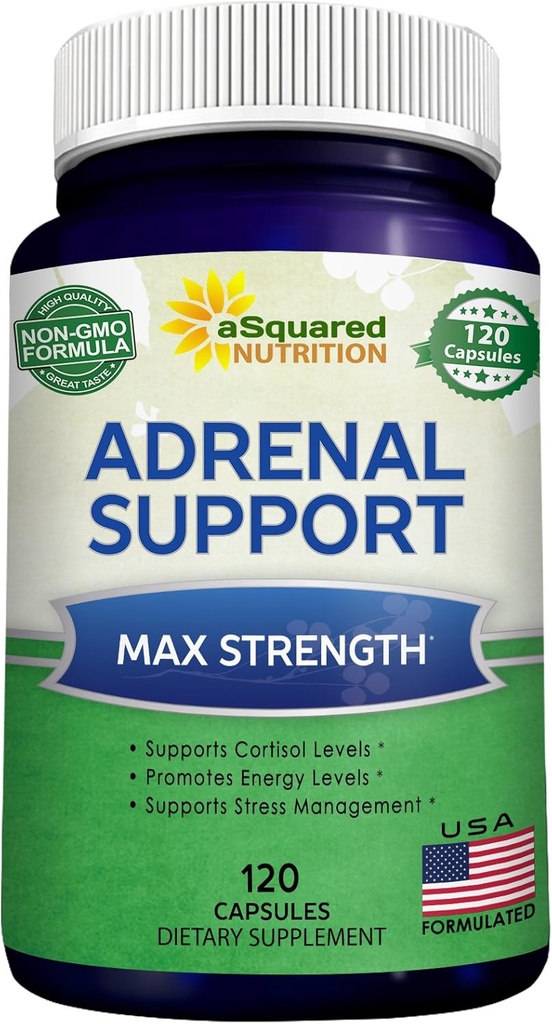 aSquared Nutrition Adrénal Support & Cortisol Manager Supplement (120 Capsules)-Adrénal Health w/Vitamine C pilules complexes pour soutenir la fatigue et le stress-Ashwagandha, L-Tyrosine, Rhodiola & Ginseng