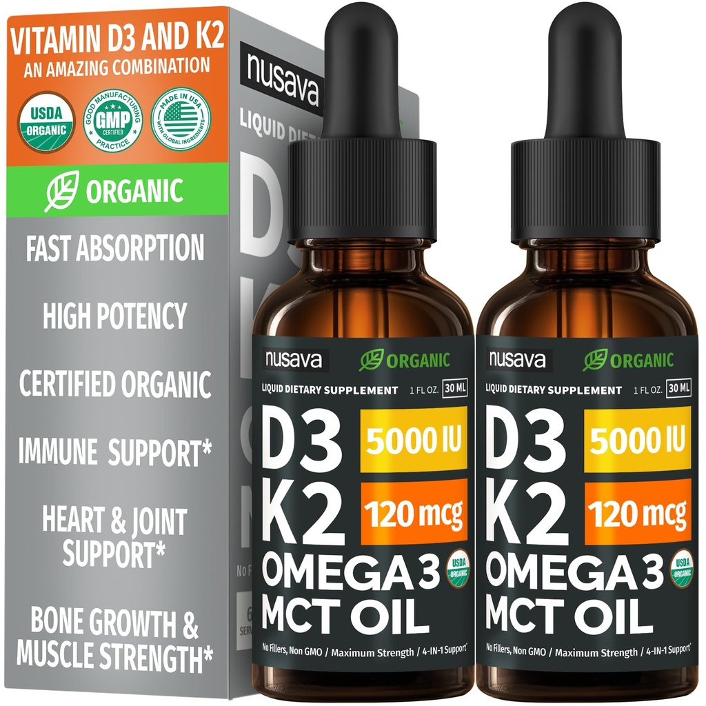 (2 Pack) Vitamine biologique D3 K2 gouttes avec l'huile de MCT Oméga 3, 5000 UI — Liquide D3, Pas de remplissage, non-OGM, support immunitaire (non aromatisé, 2 Fl Oz)