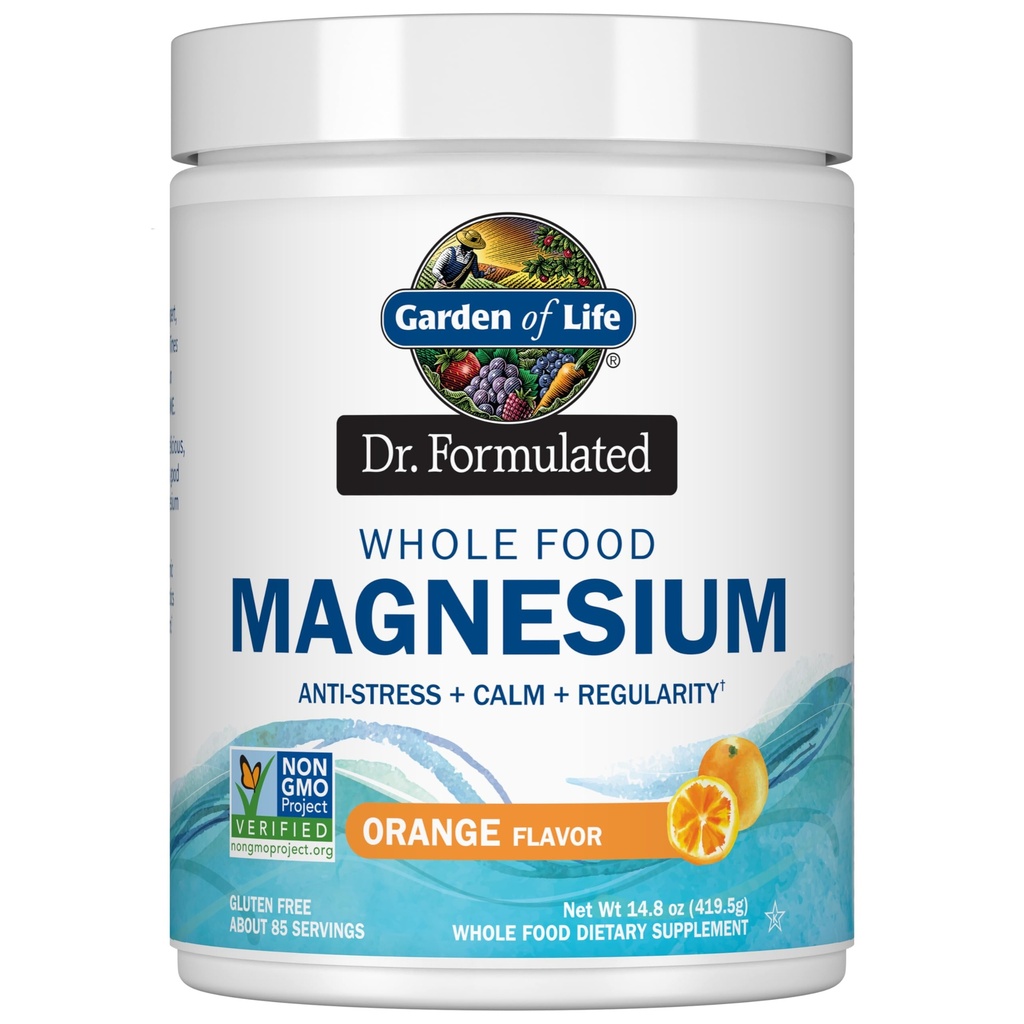 Jardin de la vie Dr. formuled complet alimentaire Magnésium 419.5g Poudre - Orange, Chélaté, Non-OGM, Vegan, Kosher, Gluten et sucre sans supplément avec probiotiques - Meilleur pour anti-stress, calme et régularité