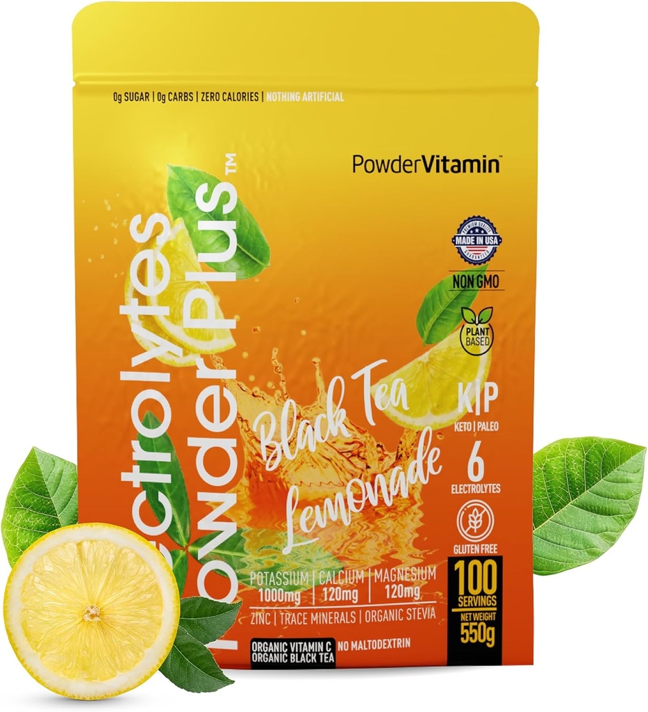 PoudreVitamine Electrolytes Poudre Plus (100 portions) Thé noir Lémonade Electrolyte Poudre Zéro Calorie Keto,0 Sucre, Pas de Maltodextrine,1000mg Potassium,120mg Calcium,120mg Magnésium, Poudre d'hydratation