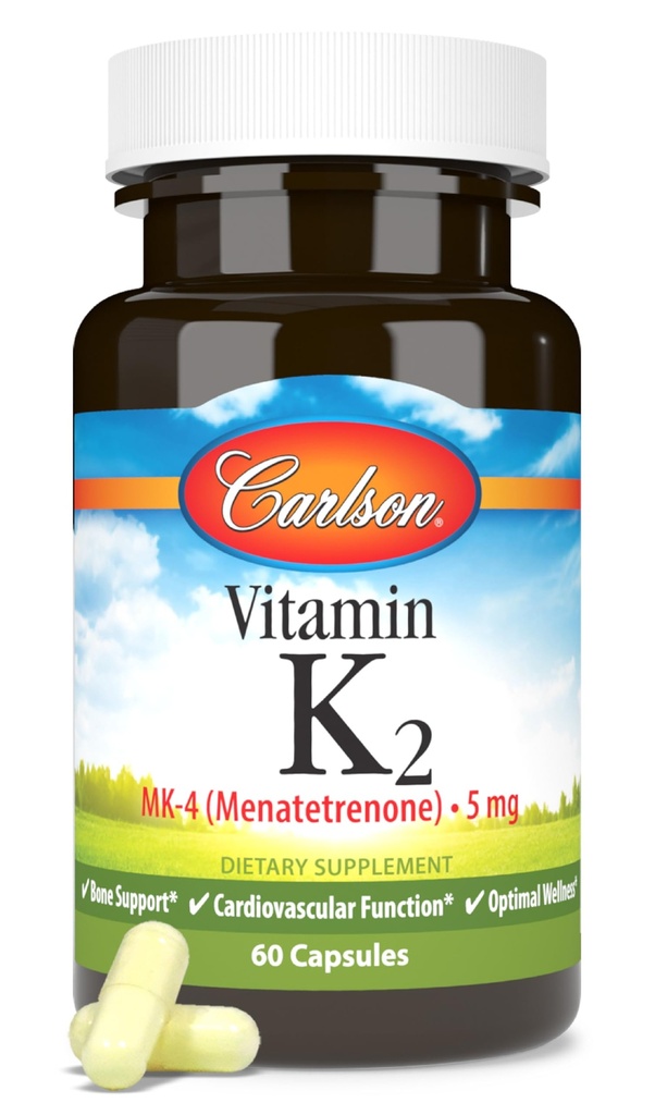 Carlson - Vitamine K2, MK-4 (Menatétrenone), Supplément Vitamine K, Bone & Heart Health, K2 Vitamine, Sans soja, 60 capsules