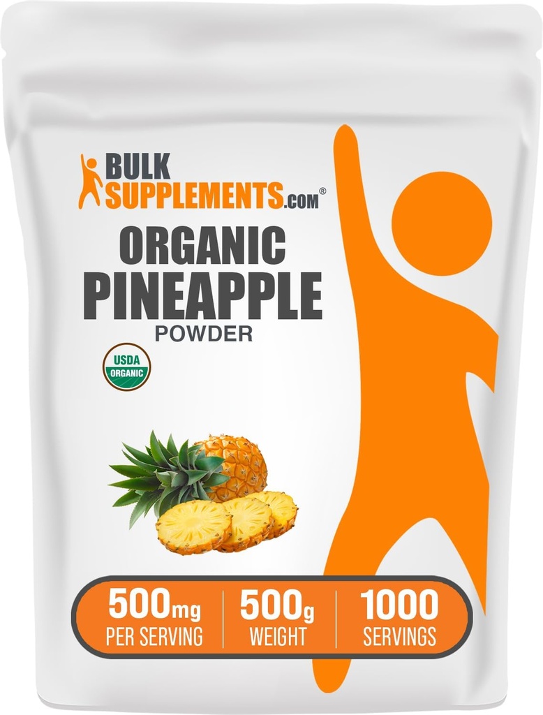 BulkSupplements.com Poudre d'ananas biologique - Poudre de fruits d'ananas, pour aromatisants et smoothies - Sans sucre et sans gluten, 500mg par portion, 500g (1,1 lb) (paquet de 1)