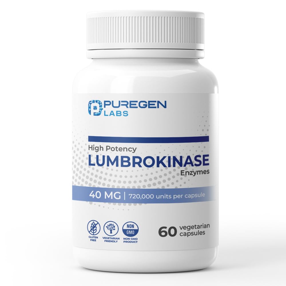 Puregen Labs Lumbrokinase 40mg par capsule Supplément à haute puissance (haute activité) Enzymes de lumbrokinase (haute activité) Aucun additif nocif (non-OGM) Sans gluten (Fabriqué aux États-Unis) - 60 Capsules végétariennes
