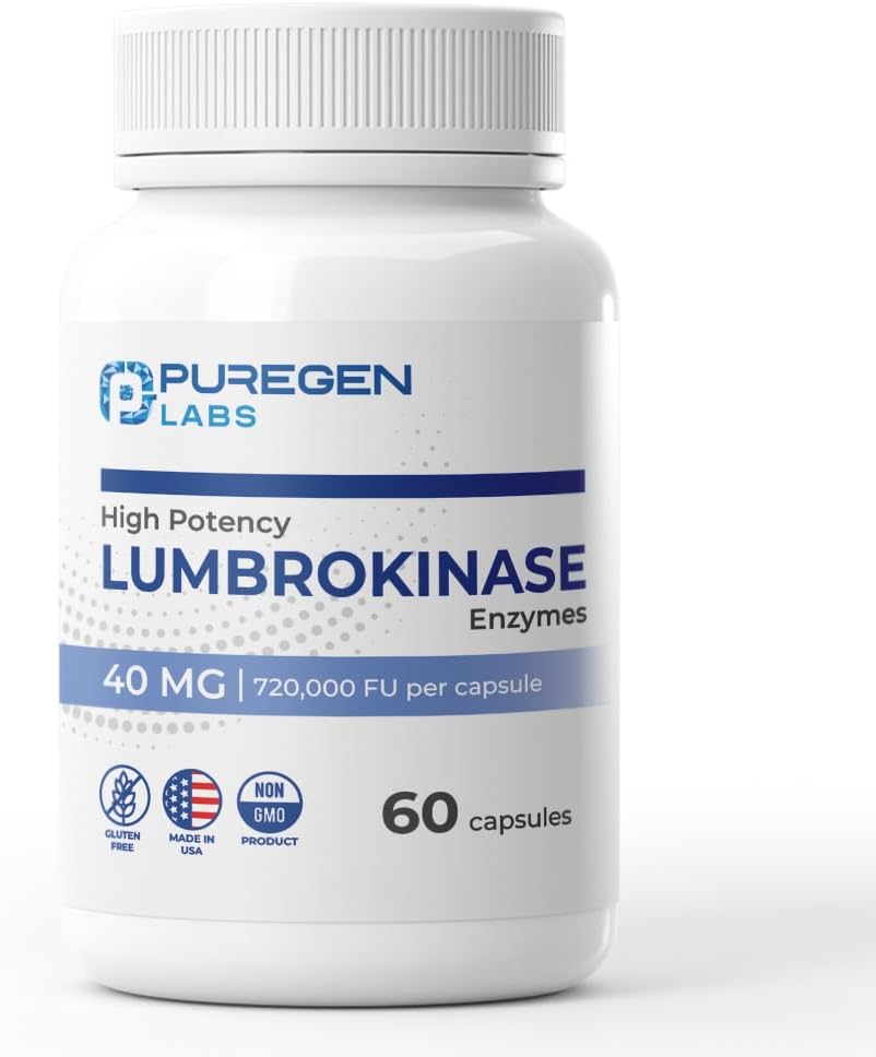 Puregen Labs Lumbrokinase 40mg par capsule Supplément à haute puissance (haute activité) Enzymes de lumbrokinase (haute activité) Aucun additif nocif (non-OGM) Sans gluten (Fabriqué aux États-Unis) - 60 Capsules végétariennes