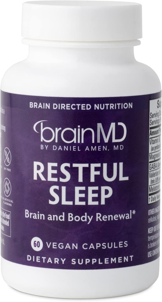 Dr. Amen brainMD Sommeil reposé - 60 Capsules - Favorise la relaxation et le calme, Contient de la mélatonine, Valérien, GABA et Magnésium, Non-Habit Forming - Sans gluten - 15 portions