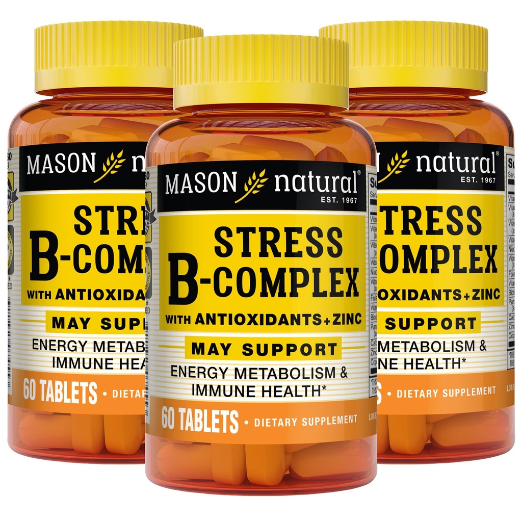 MASON NATURAL Stress B,Complexe avec les antioxydants + zinc, 6 mois d'approvisionnement, formule de double action, soutient le métabolisme énergétique et la santé immunitaire, 3 Pack