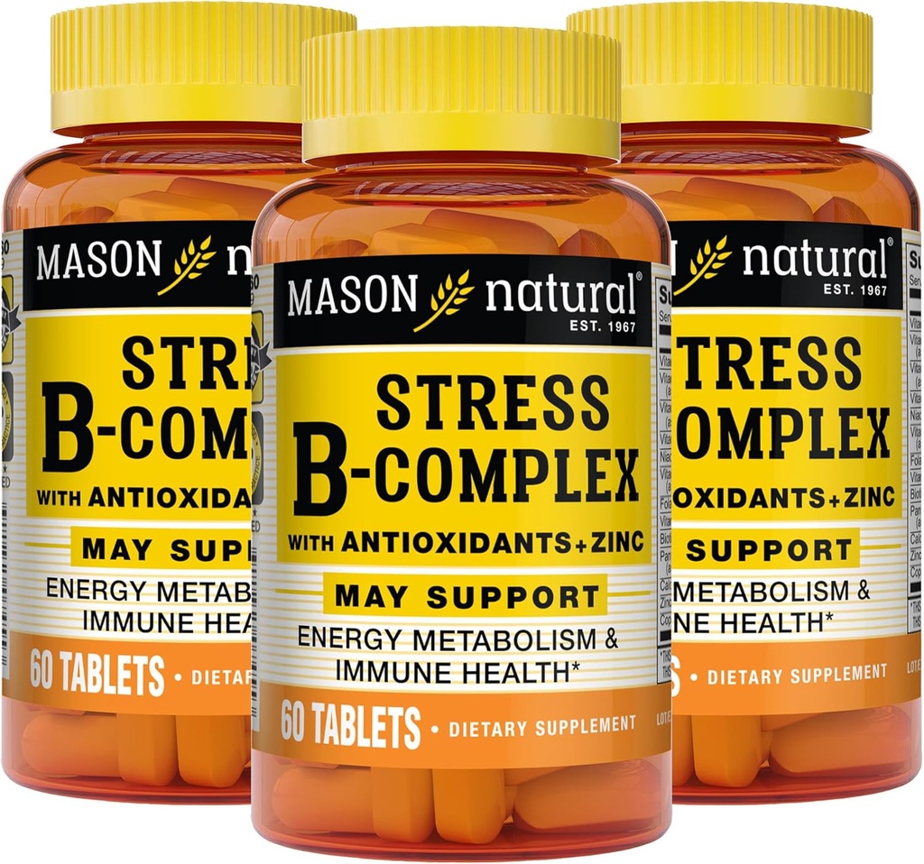 MASON NATURAL Stress B,Complexe avec les antioxydants + zinc, 6 mois d'approvisionnement, formule de double action, soutient le métabolisme énergétique et la santé immunitaire, 3 Pack