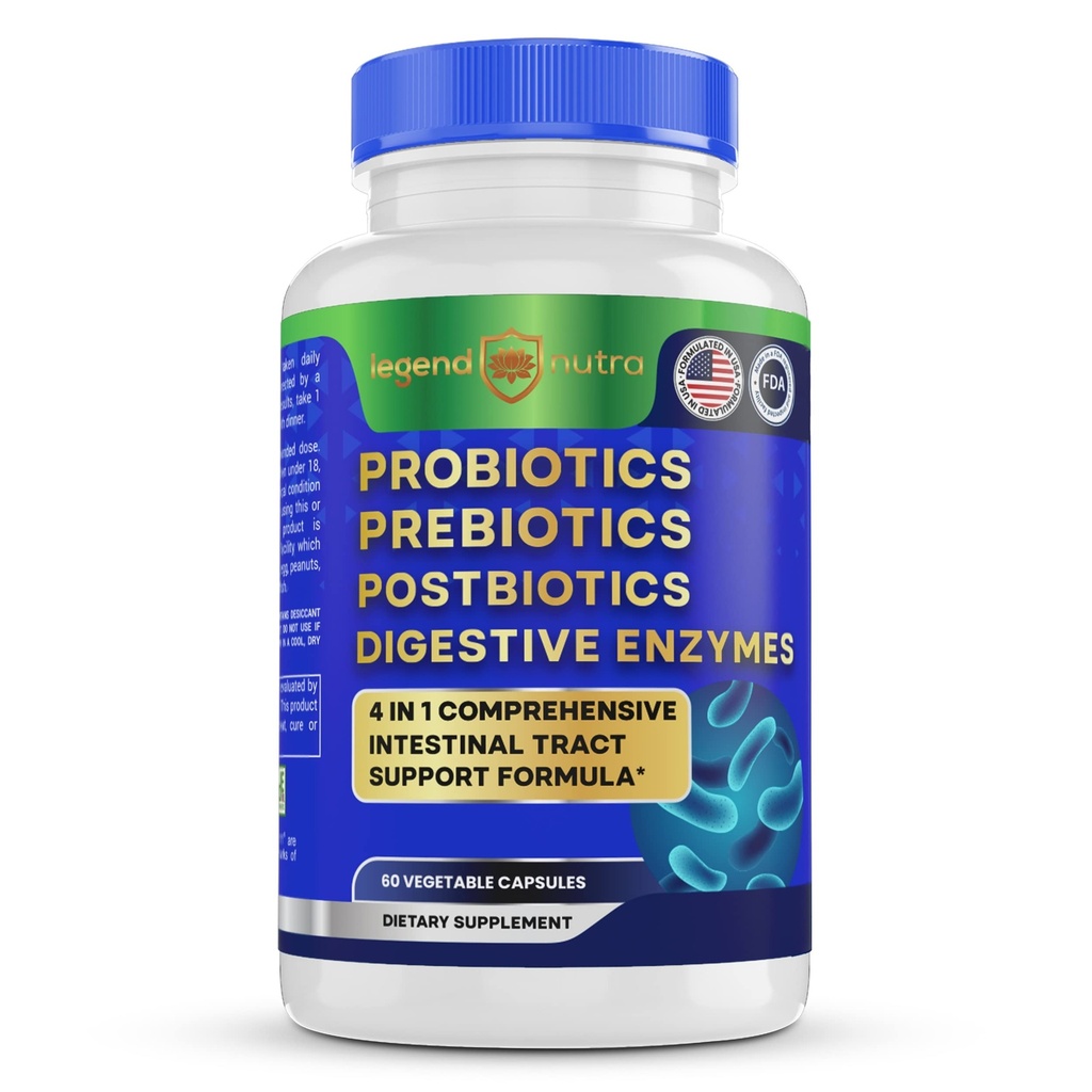 Probiotiques Prébiotiques Postbiotiques Enzymes digestifs 4 en 1 Formule 60 Compte (paquet de 1)