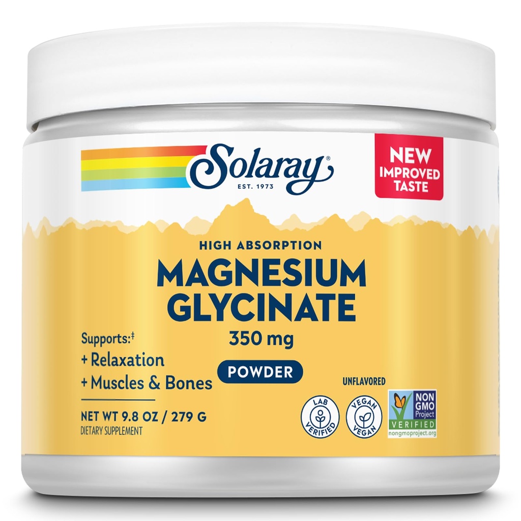 SOLARAY Poudre de glycine de magnésium 350 mg - Poudre de magnésium non aromatisée - Supplément de magnésium pour les os, les muscles et le soutien à la relaxation - Vegan, non OGM, garantie de 60 jours - 50 portions, 6 OZ