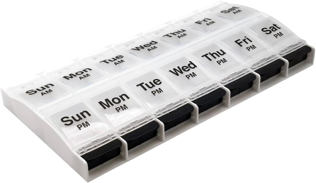 Bouton poussoir EZY DOSE (7 jours) Cas de pilule, planificateur de médicaments, organisateur de vitamines, 2 fois par jour, conteneur AM/PM, X-Grands Compartiments, Arthrite amical, facile à utiliser, clair lids, clair / noir, sans BPA