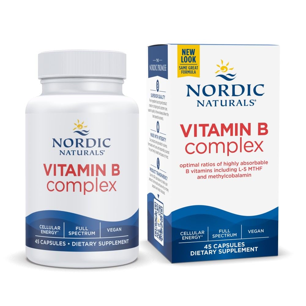 Nordic Naturals Complexe Vitamine B - 45 Capsules Thiamine, Riboflavine, Niacine, B6 & B12, Folate, Biotine, Acide pantothénique Santé du cerveau, Énergie, Métabolisme Services non-OGM