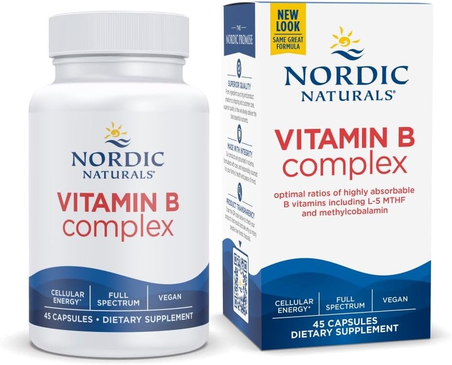 Nordic Naturals Vitamin B Complex - 45 Capsules Thiamine, Riboflavin, Niacin, B6 & B12, Folate, Biotin, Pantothenic Acid Heart Brain Health, Energy, Metabolism Non-GMO Servings