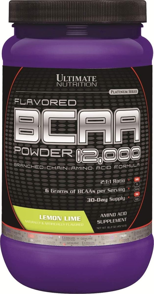Ultimate Nutrition Aromatisée BCAA Poudre 12 000, Boissons de récupération après entraînement, 3g Leucine 1,5g Valine 1,5g Isoleucine, Acides aminés à chaîne de branches Suppléments pour la récupération musculaire, 60 portions, Citron Lime