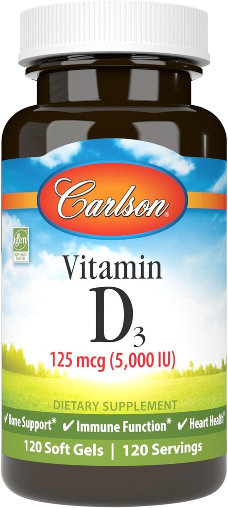 Carlson - Vitamine D3 5000 UI (125 mcg), Santé des os, Santé des muscles, Cholecalciferol, Suppléments de vitamine D, Gels souples de vitamine D3, 120 Softgels