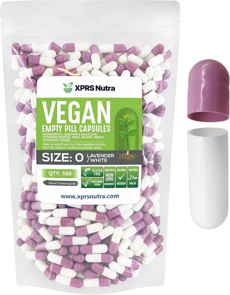 XPRS Nutra Taille 0 Capsules vides - 500 Compte Capsules vides de végétaliens - Pilules végétariennes - Garniture de légumes bricolage - Bouchons de pilules veggie pour les suppléments Do-It-Youlf (Lavande/Blanc)