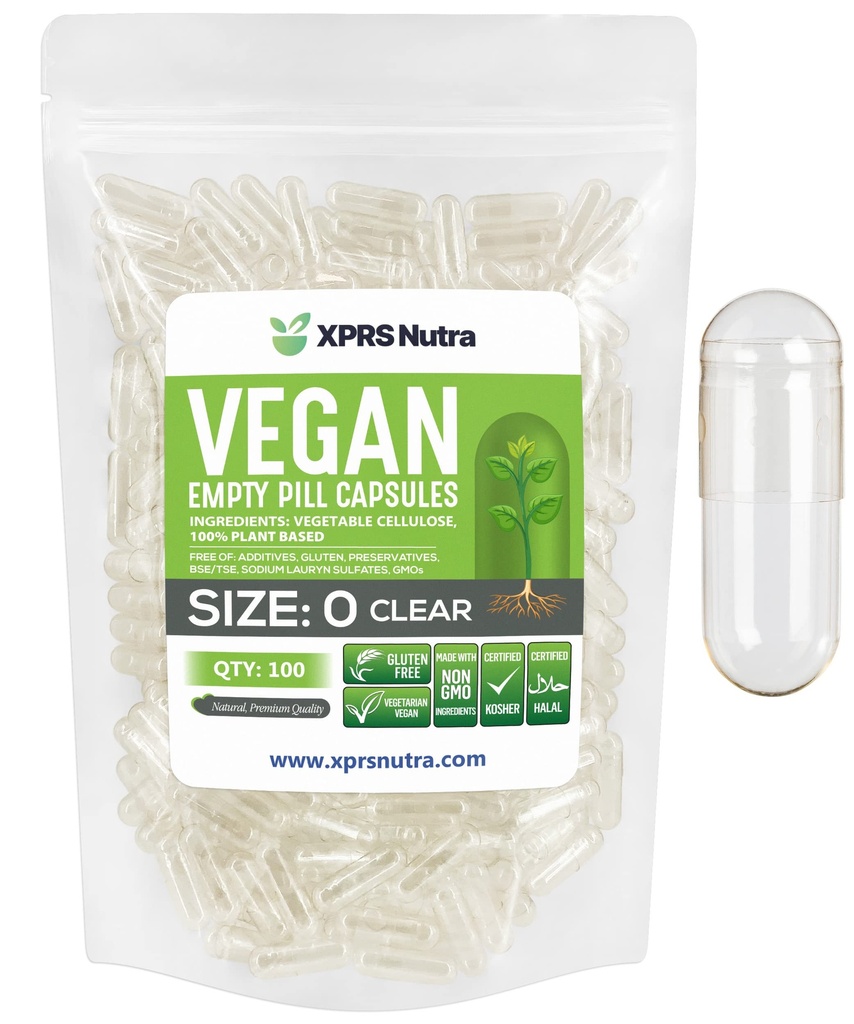 XPRS Nutra Taille 0 Capsules vides - 100 Capsules vides de compte - Pilule végétarienne - Garniture de capsules végétales - Pilules de légumes pour les suppléments Do-It-Youlf