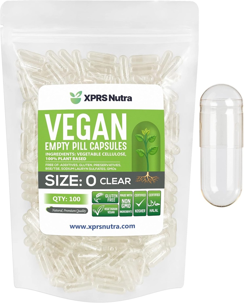 XPRS Nutra Taille 0 Capsules vides - 100 Capsules vides de compte - Pilule végétarienne - Garniture de capsules végétales - Pilules de légumes pour les suppléments Do-It-Youlf