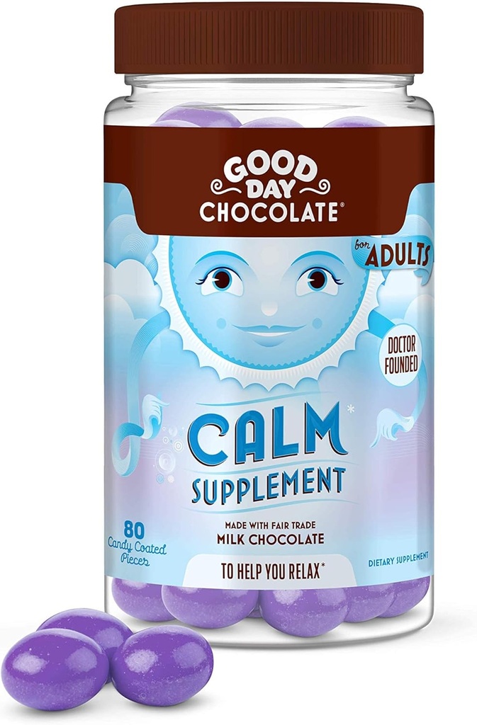 Bon jour Chocolat supplément calmant naturel pour les adultes, mélange de camomille, théanine, magnésium, commerce équitable et chocolat non OGM, 80 pièces