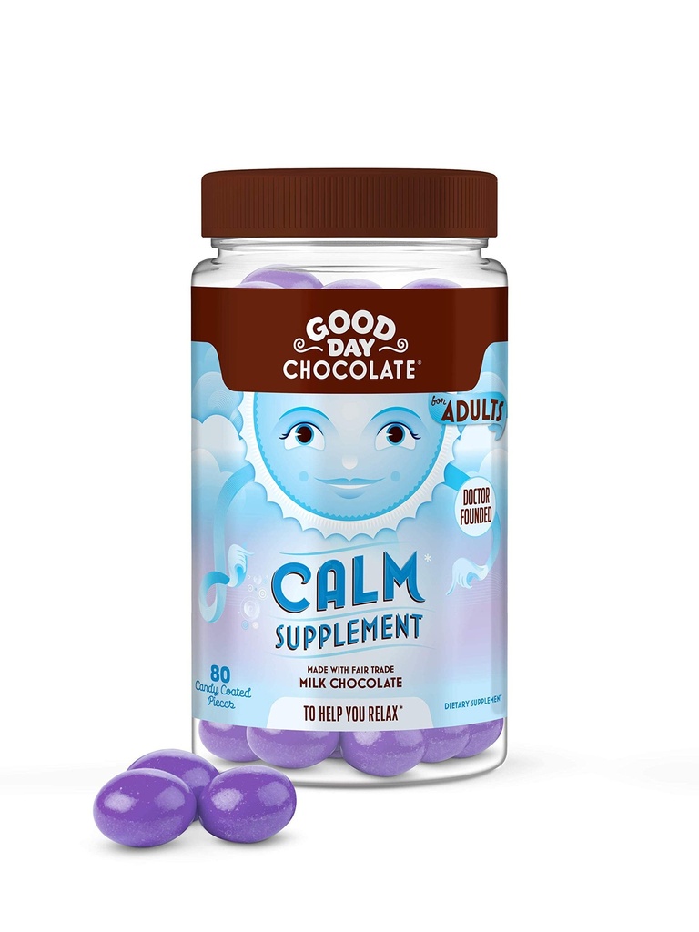 Bon jour Chocolat supplément calmant naturel pour les adultes, mélange de camomille, théanine, magnésium, commerce équitable et chocolat non OGM, 80 pièces