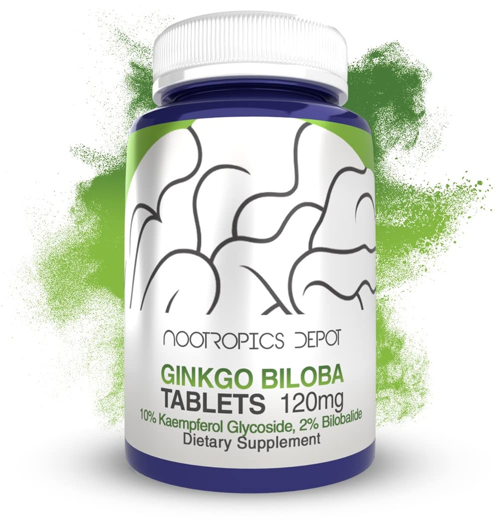 Nootropics Dépôt Ginkgo Biloba Comprimés d'extraits de 120mg de 120mg de 90 Nombre de 10% minimum Kaempferol Glycoside + 2% Bilobalide