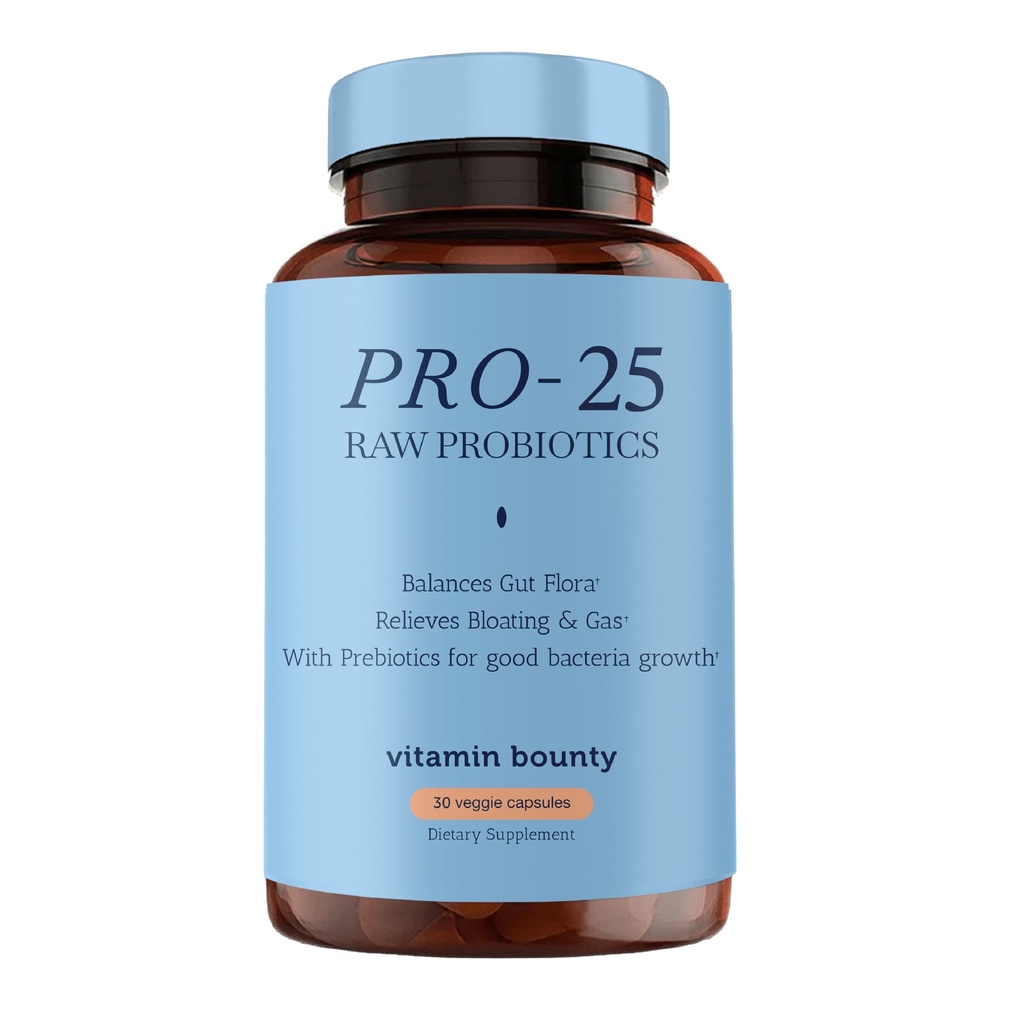 Vitamine Bounty Pro-25 Probiotique avec Prébiotique - 25 milliards UFC pour les hommes et les femmes - Soutien de la santé digestive avec Lactobacillus Acidophilus, Bifidobacterium - 30 capsules quotidiennes pour Gut Health