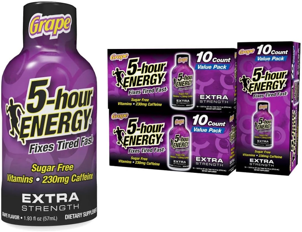 5 heures ENERGY Extra Strength Energy Shot, Grape Flavor, 30 Compte, 1,93 oz, Zéro calories et sans sucre 230 mg Caffeinated Energy Shot, Amino Acides & B Vitamines, compléments alimentaires